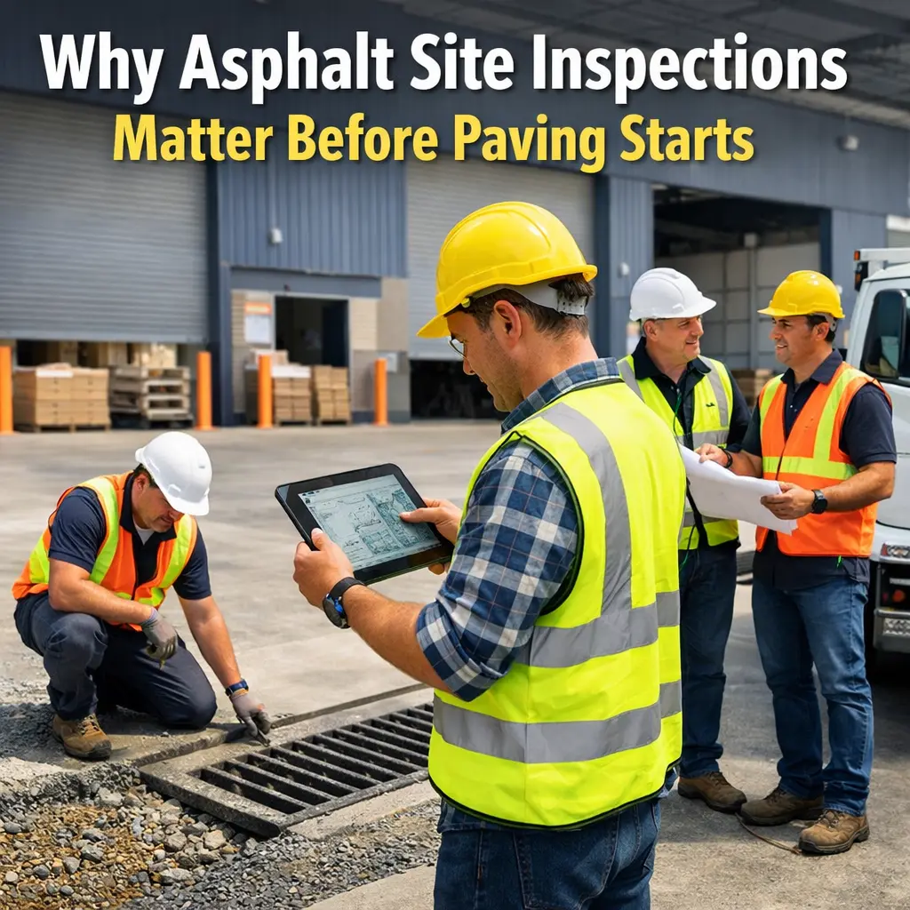 Construction team conducting pre-paving asphalt site inspection, reviewing drainage grates and site plans before installation begins.