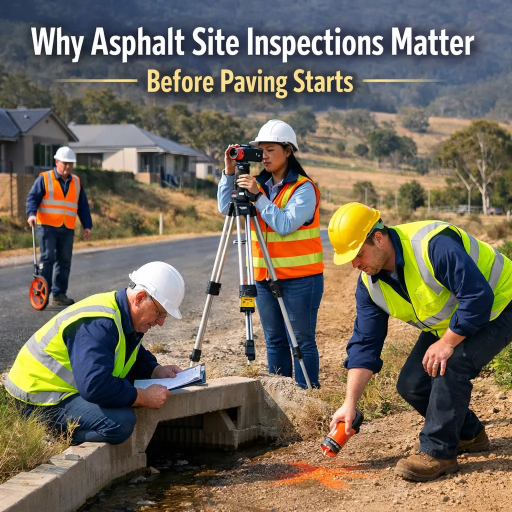 Engineers performing site assessment and drainage level checks prior to asphalt paving on a residential road project.