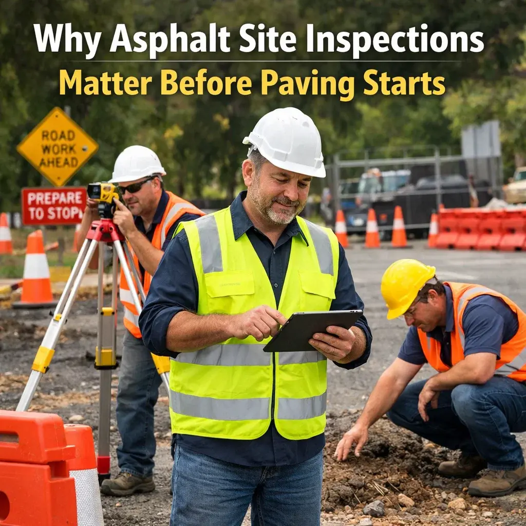 Site supervisor inspecting ground conditions and measurements during asphalt pre-construction inspection with traffic control in place.