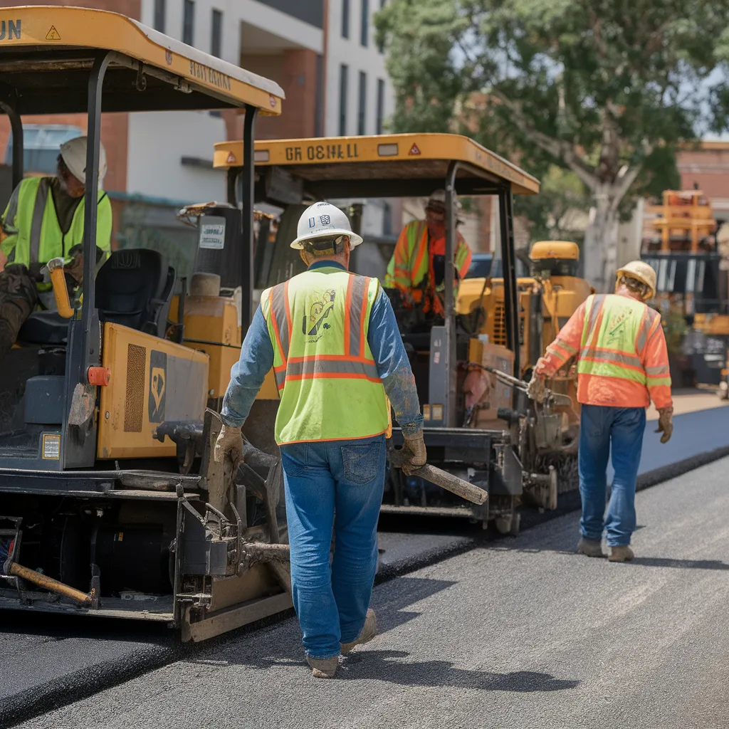 Paving contractor crew operating asphalt paver and roller to lay and compact fresh roadway surface on a construction site.