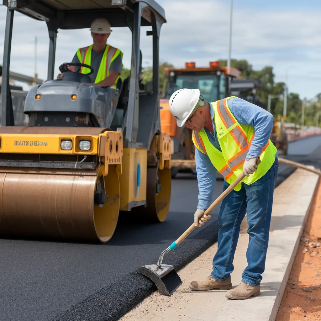 Worker smoothing and shaping hot asphalt along curb edge while road roller compacts newly paved surface behind him.