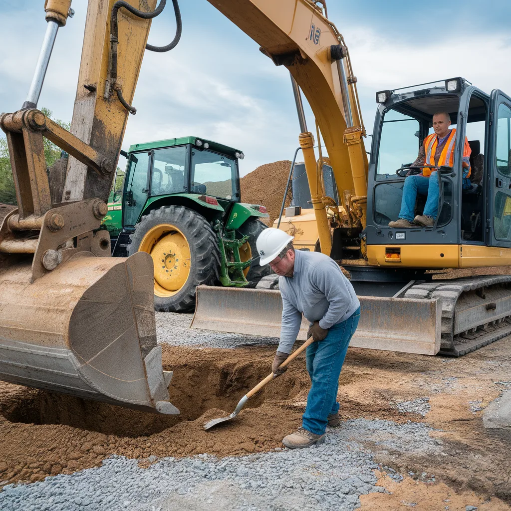 Civil contractor overseeing excavation work with excavator and tractor during site preparation and groundwork phase.