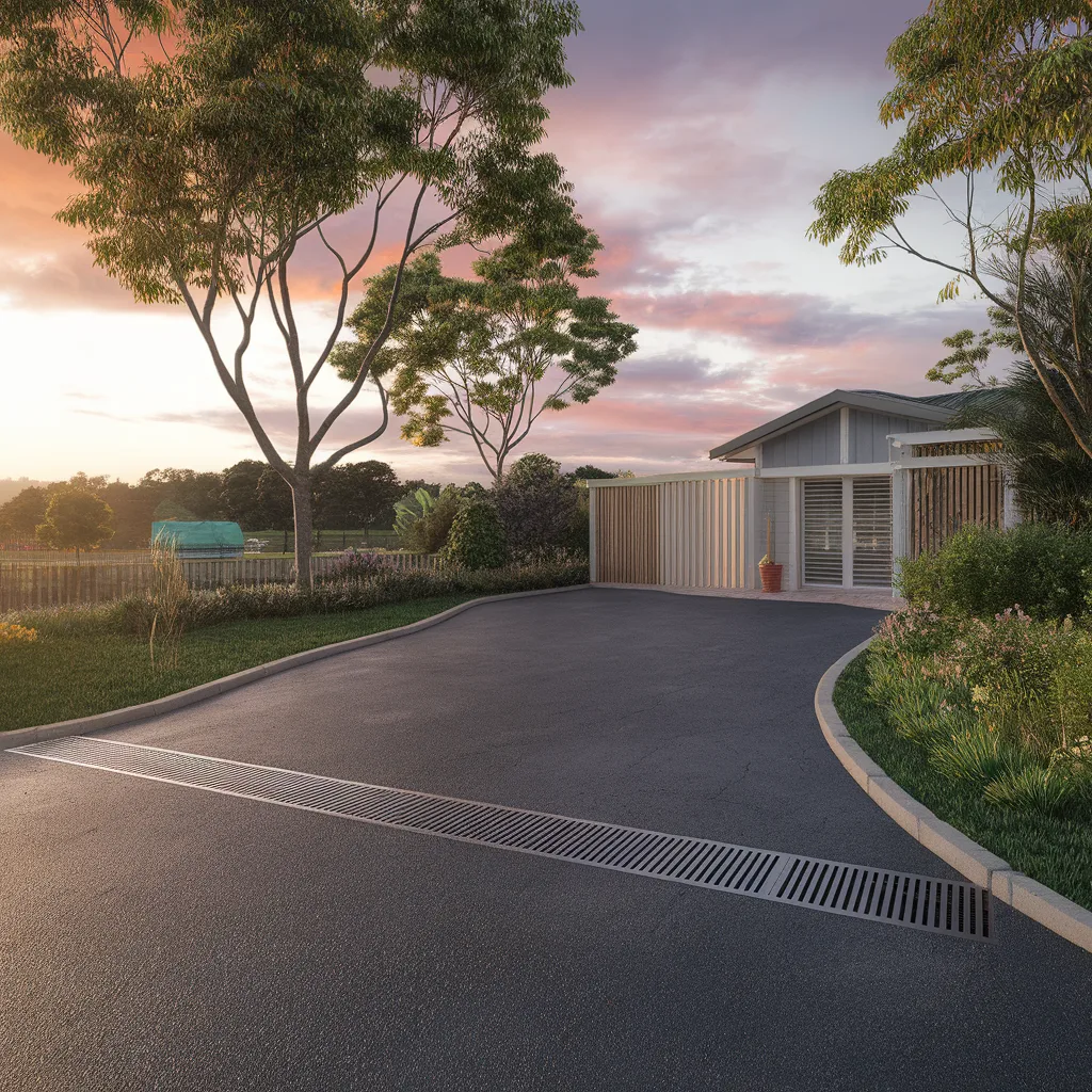 Modern residential driveway with linear trench drains installed to improve surface water drainage and prevent pooling near the home.