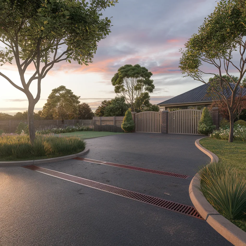 Curved asphalt driveway featuring channel drainage system to manage rainwater runoff and protect surrounding landscaping.