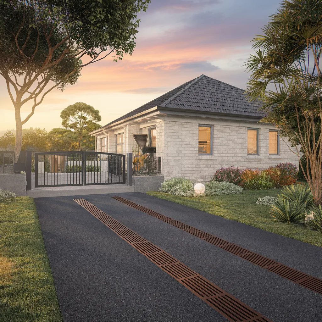 Residential driveway with grated drainage channel positioned across the entrance to prevent water buildup and foundation damage.