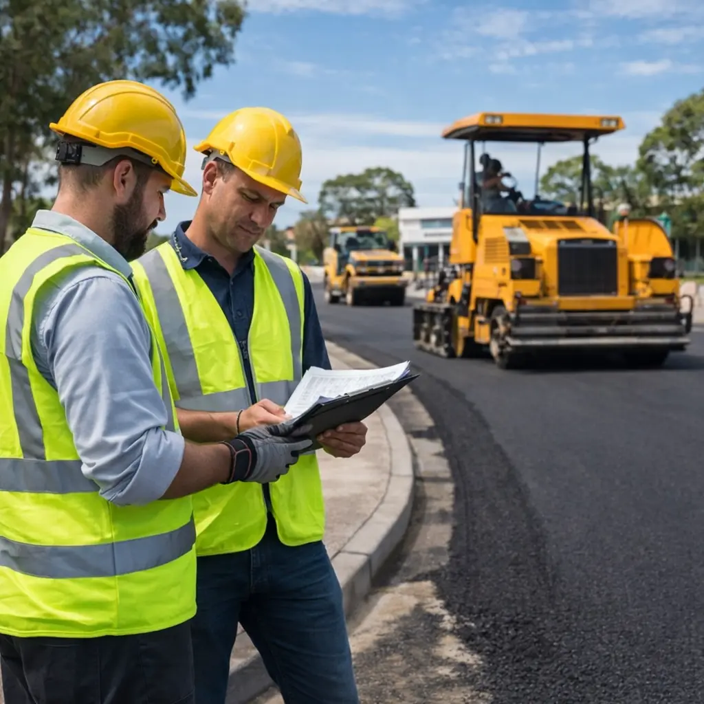 Civil contractors reviewing project plans on-site while asphalt paving equipment operates in the background.