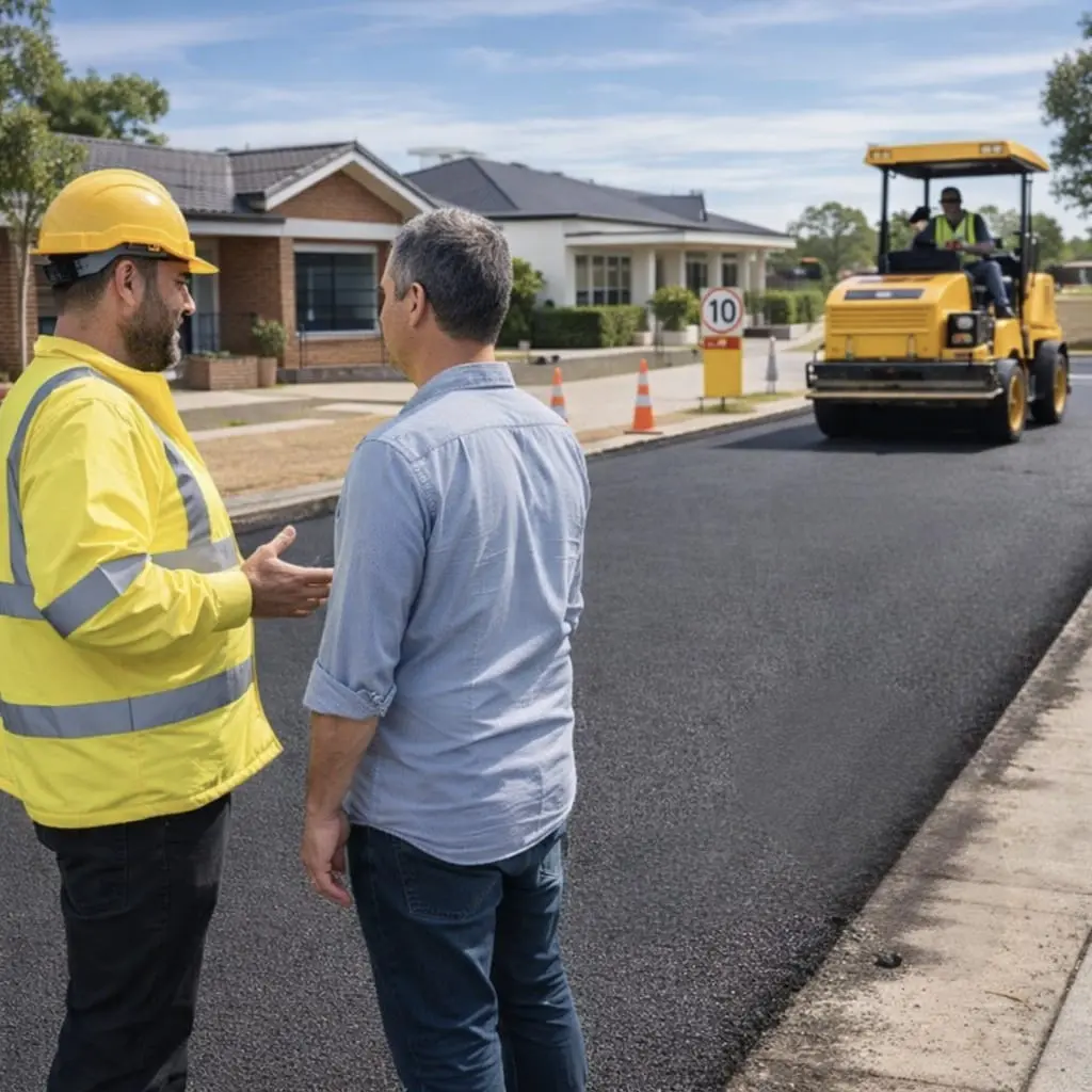 Contractor discussing road construction progress with a client beside freshly laid asphalt in a residential area.