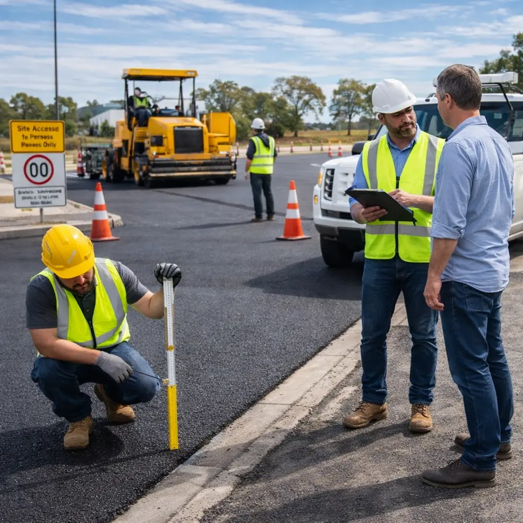 Construction team inspecting asphalt thickness and quality during a road paving project with traffic control measures in place.