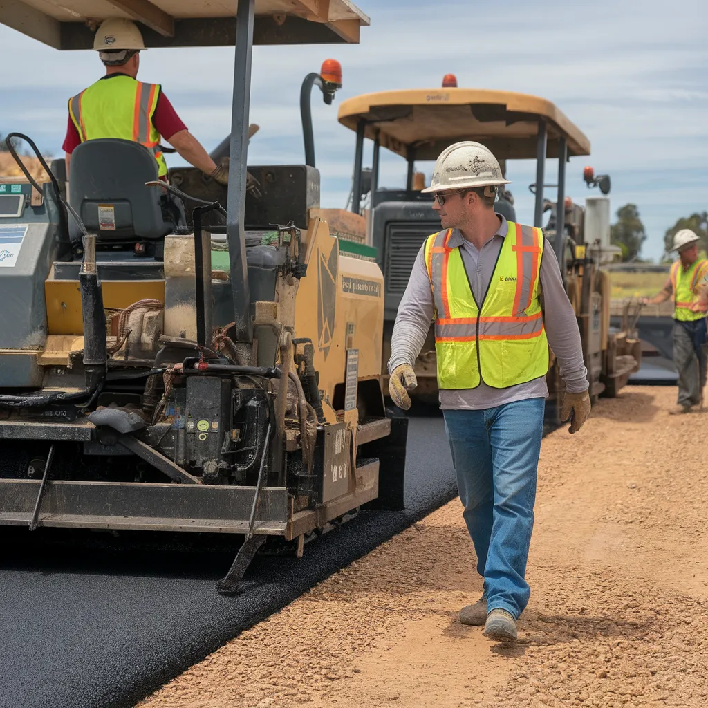 Civil contractor operating an asphalt paver machine during road construction, laying fresh hot mix asphalt for a new roadway surface.
