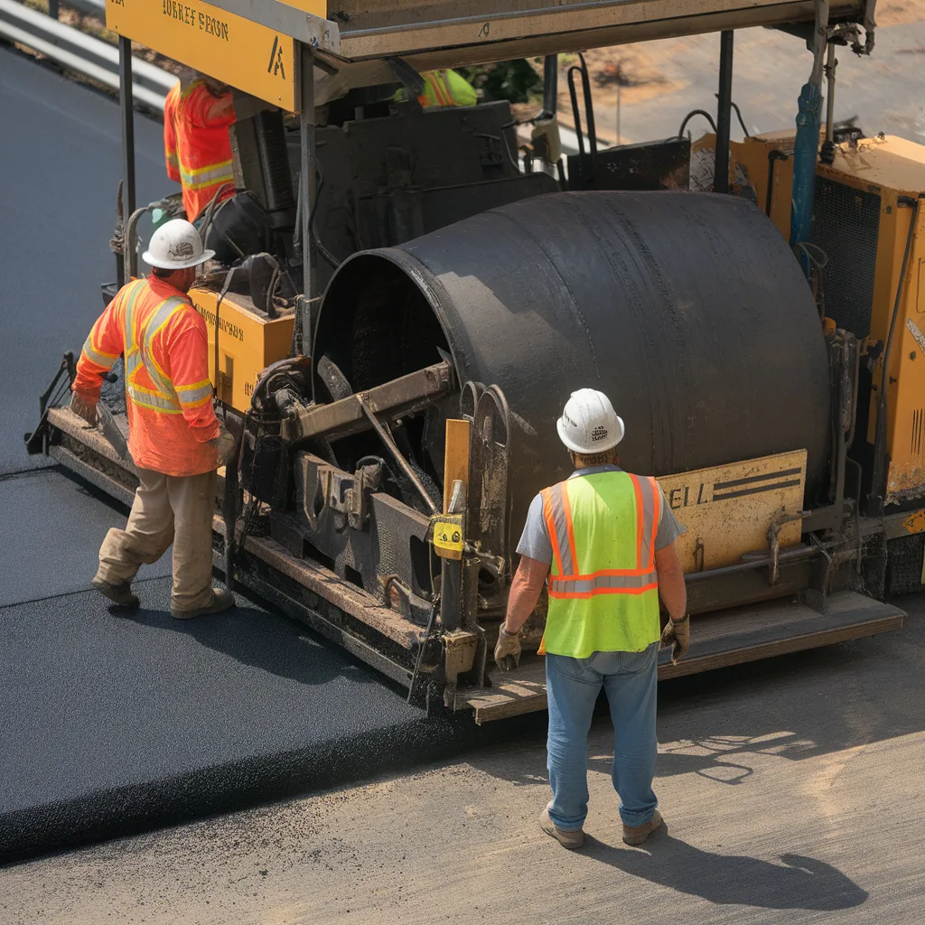 Road construction crew working behind an asphalt paving machine, spreading and compacting fresh asphalt as part of civil contracting works.