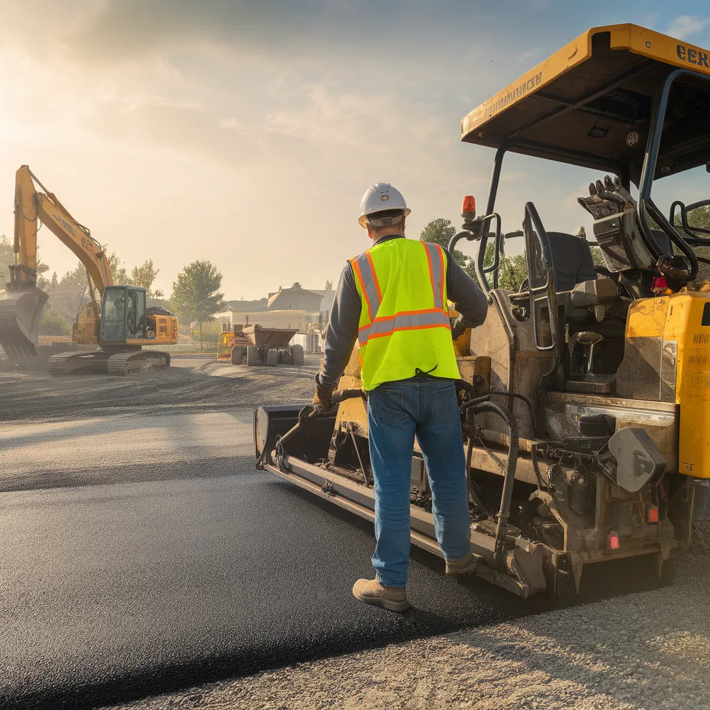 Civil contractor supervising asphalt paving operations with heavy machinery on a road construction site.