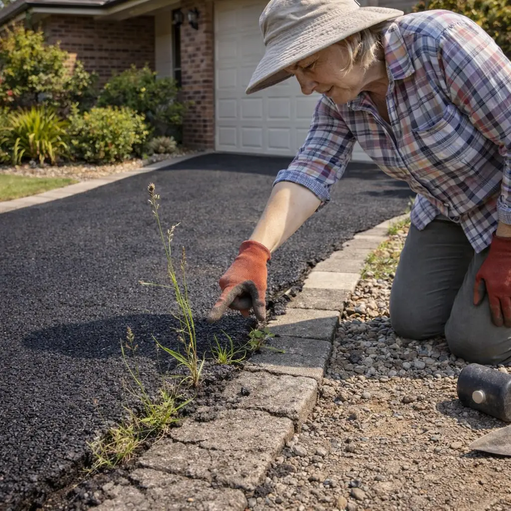 Older Australian homeowner inspecting weeds and cracks lifting the edge of an asphalt driveway in a suburban Brisbane garden