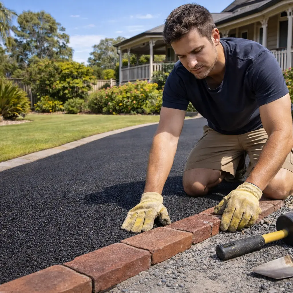 Brisbane driveway contractor installing red brick edging along a freshly laid asphalt driveway outside a Queensland style home