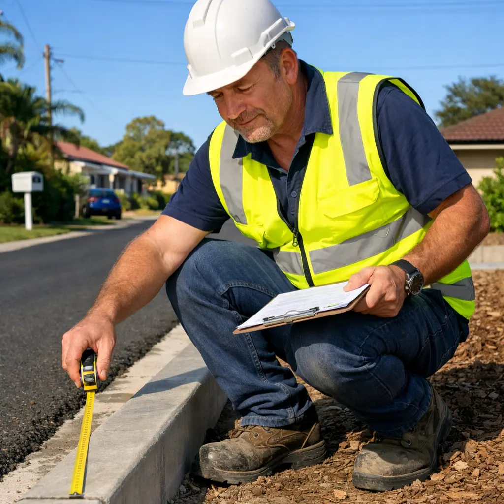 Australian contractor measuring asphalt driveway edge beside concrete kerb during residential driveway inspection