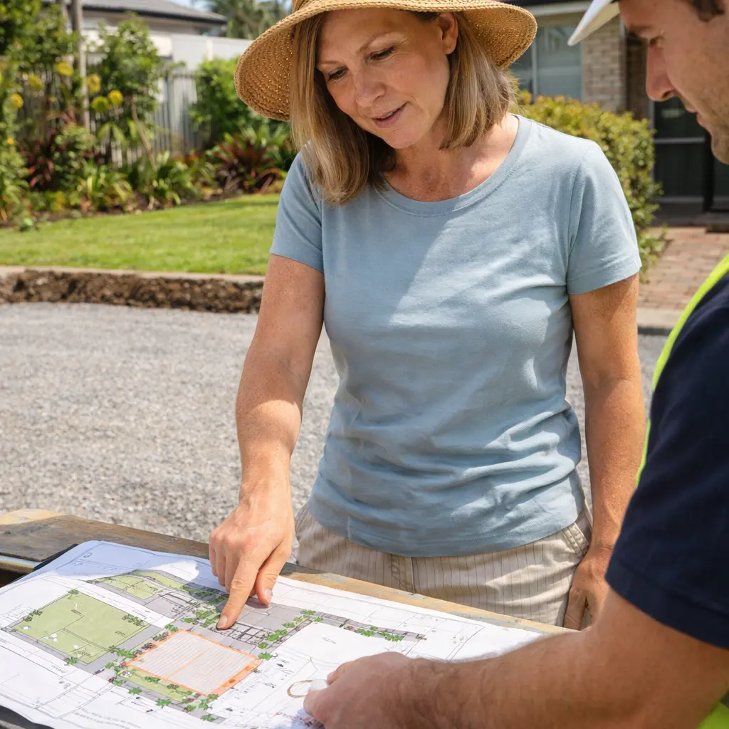 Brisbane homeowner discussing residential asphalt driveway plan with contractor while pointing at site drawings on a workbench in a Queensland suburban yard.