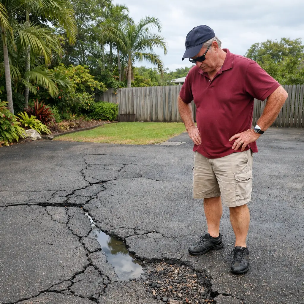 Older Brisbane homeowner inspecting cracked asphalt driveway with pothole and rainwater pooling in a suburban Queensland property.