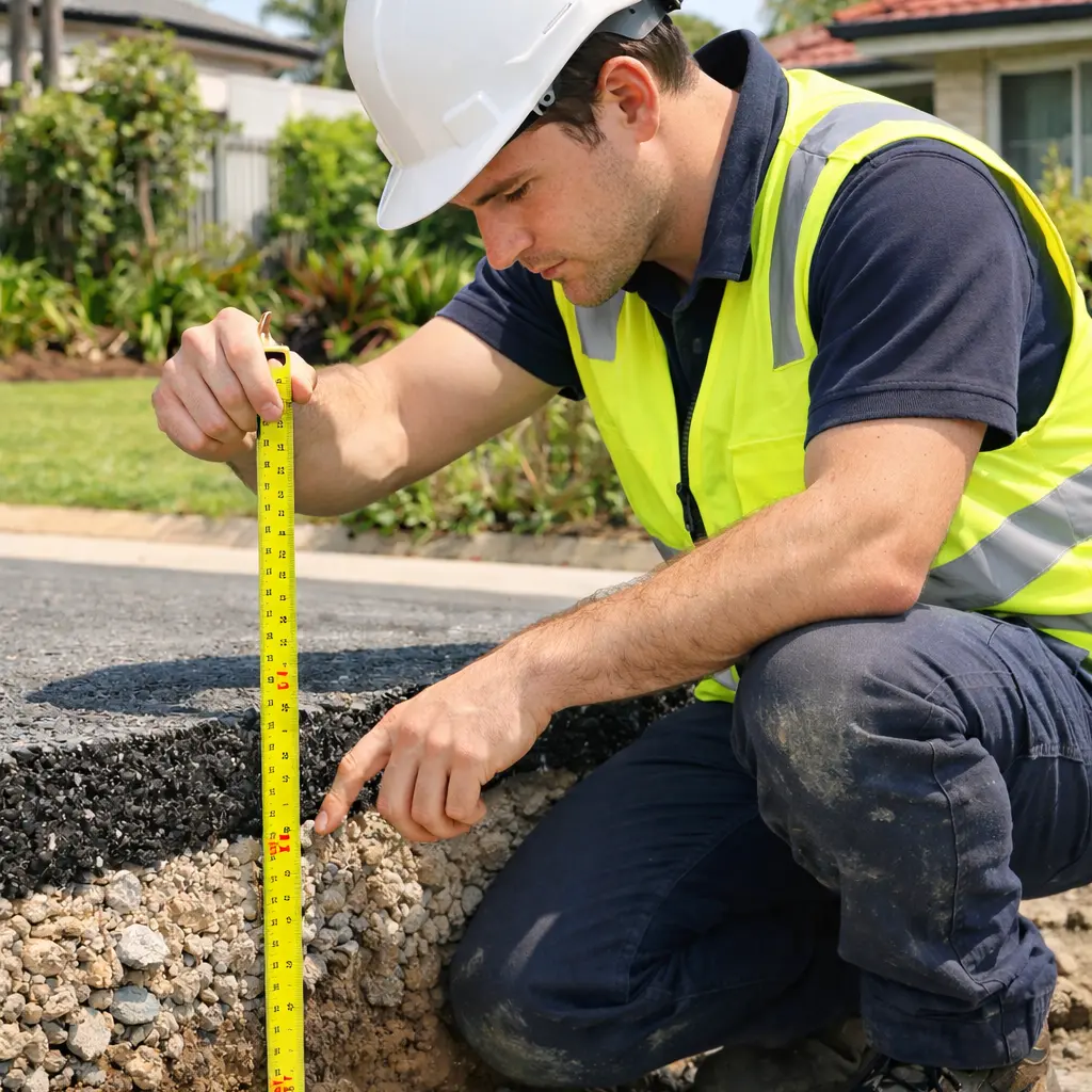 Australian civil engineer measuring asphalt driveway thickness and aggregate base layer during residential driveway construction in Brisbane.