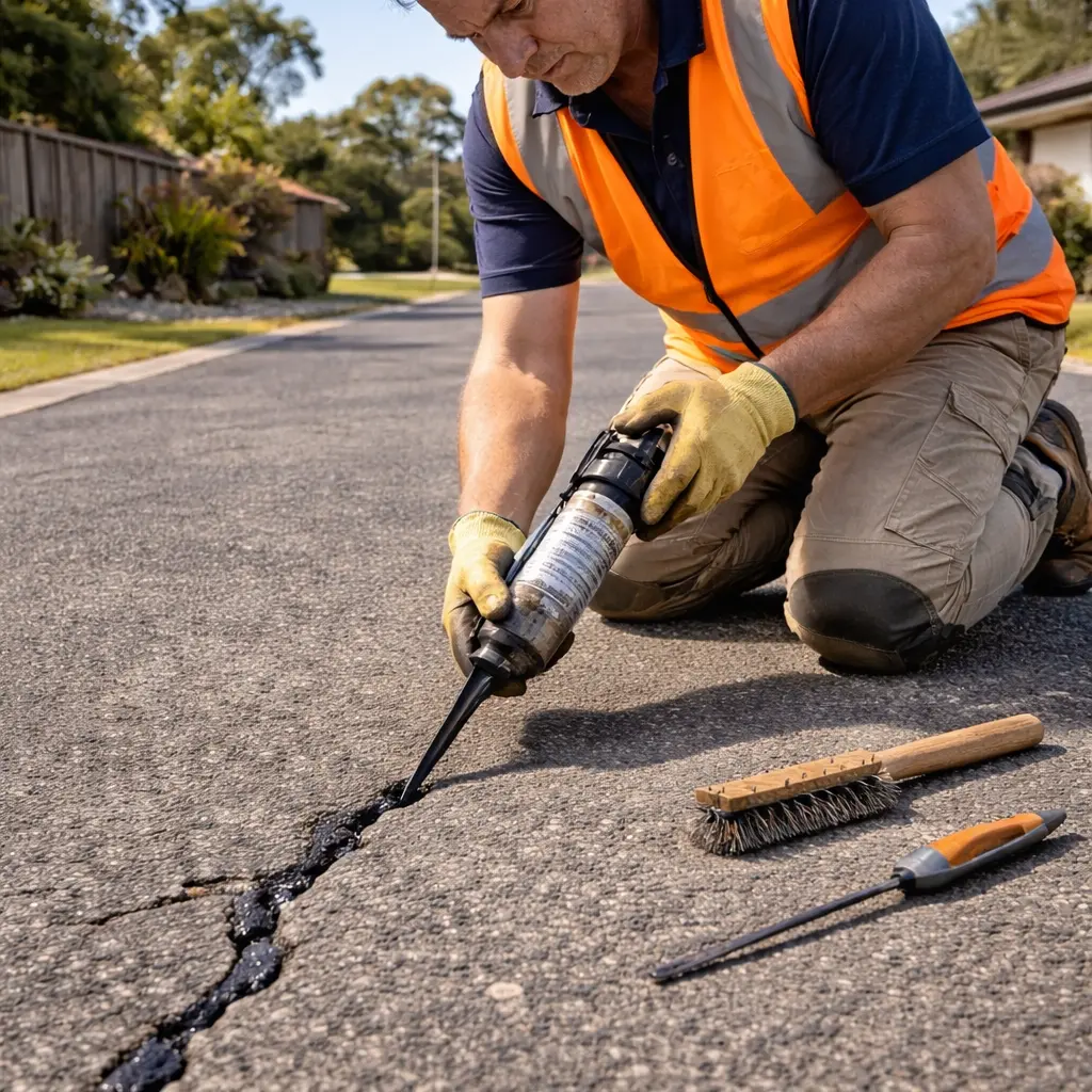 Australian tradesperson sealing cracks in a residential asphalt driveway using a handheld crack sealant applicator