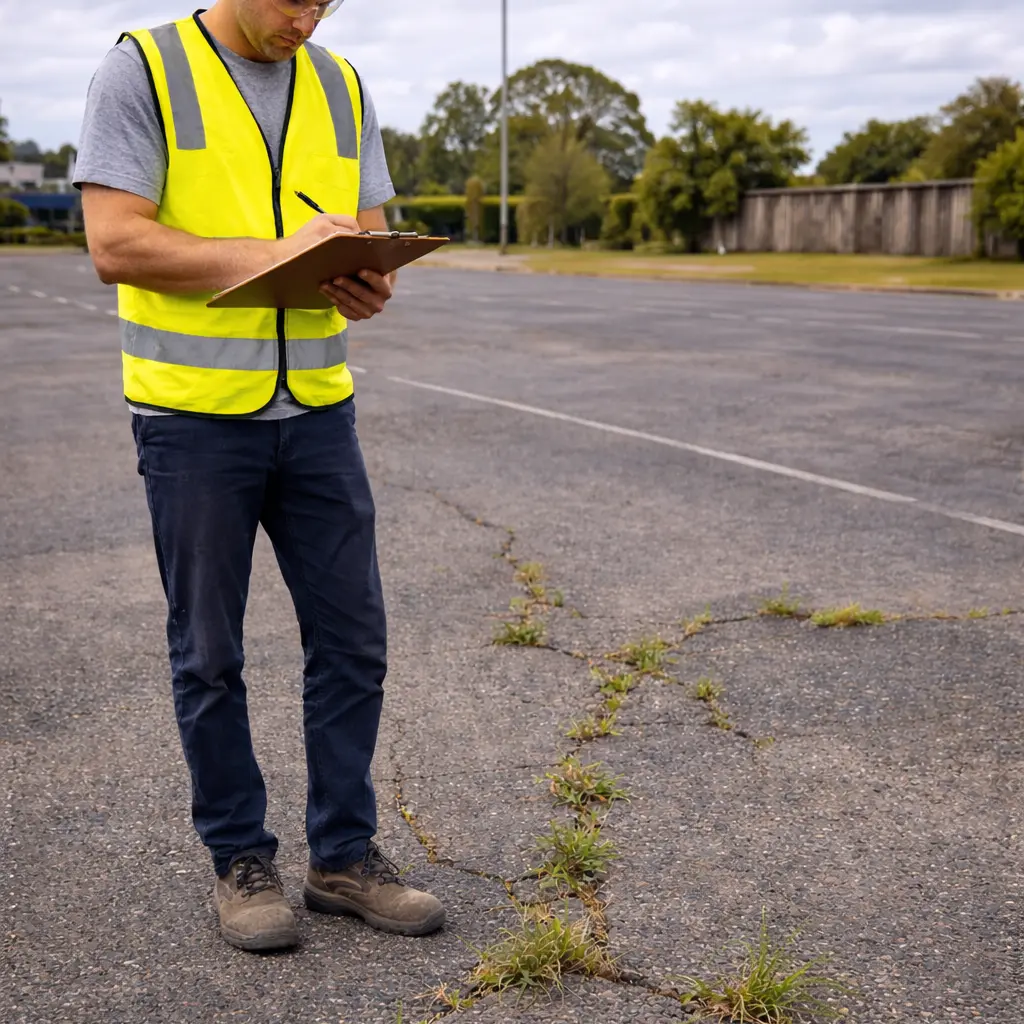 Pavement inspector examining weeds growing through cracks in an asphalt driveway surface