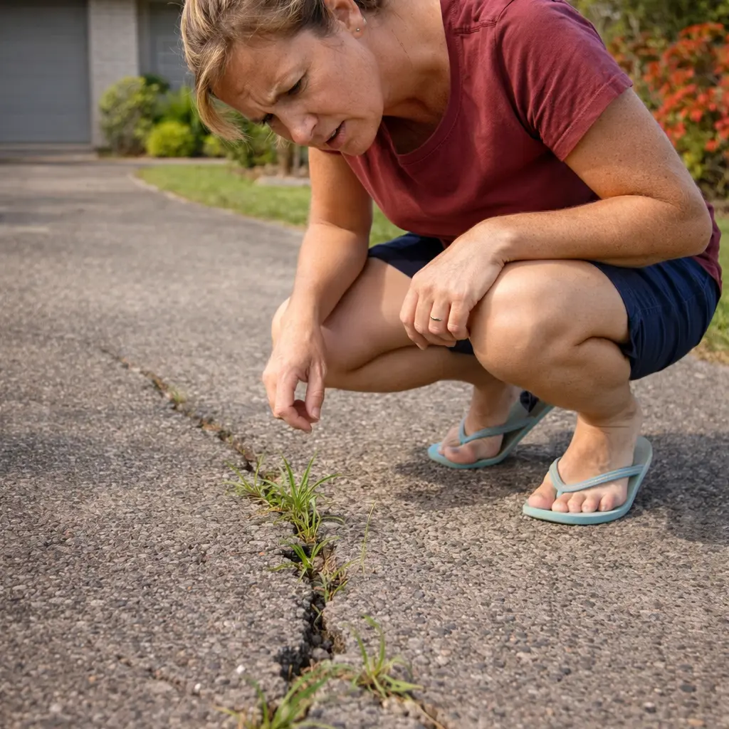 Australian homeowner inspecting grass and weeds growing through cracks in a faded residential asphalt driveway