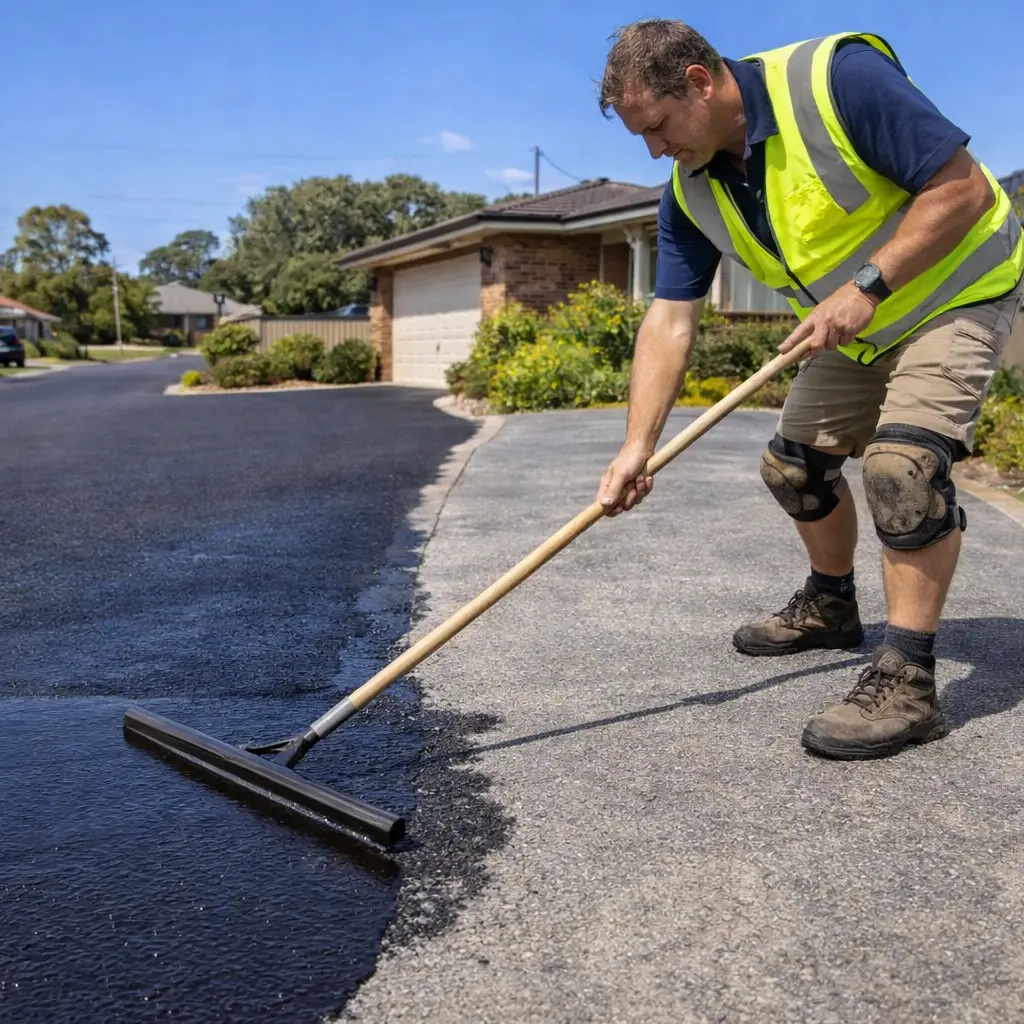 Australian contractor applying black sealcoat to a faded residential asphalt driveway in a suburban Brisbane neighbourhood