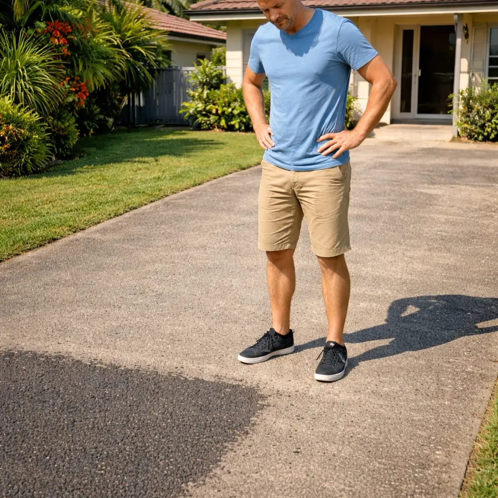 Brisbane homeowner looking at a faded grey asphalt driveway with a darker patch showing original asphalt colour