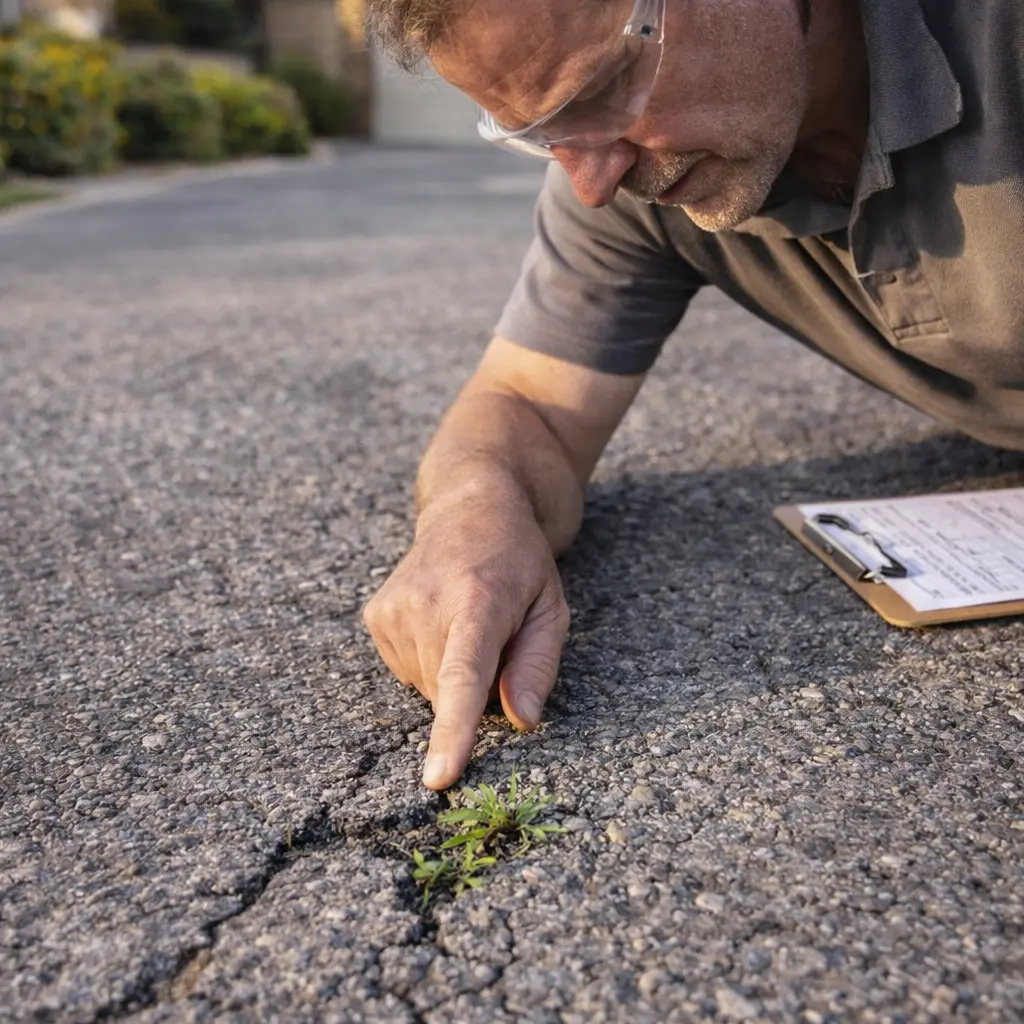 Australian pavement inspector examining cracks and weed growth in an ageing residential asphalt driveway