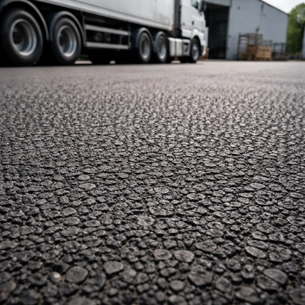 Low angle close-up of asphalt surface with parked heavy trucks near industrial warehouse yard