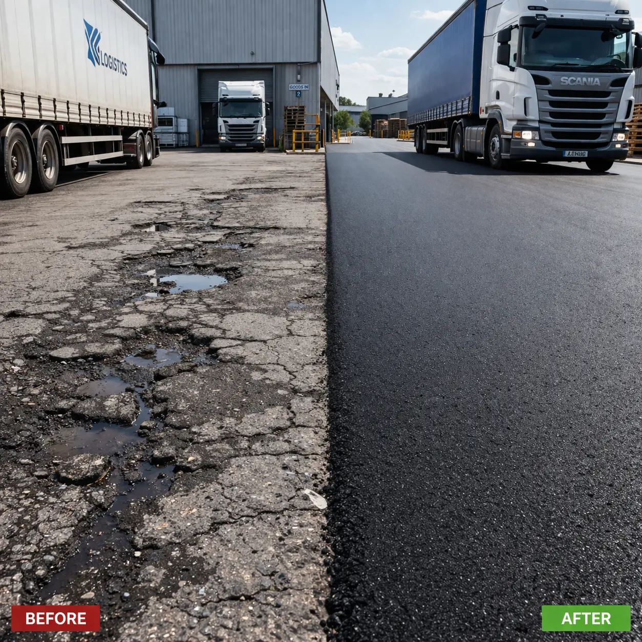 Split view of damaged cracked asphalt and newly resurfaced driveway at industrial loading area