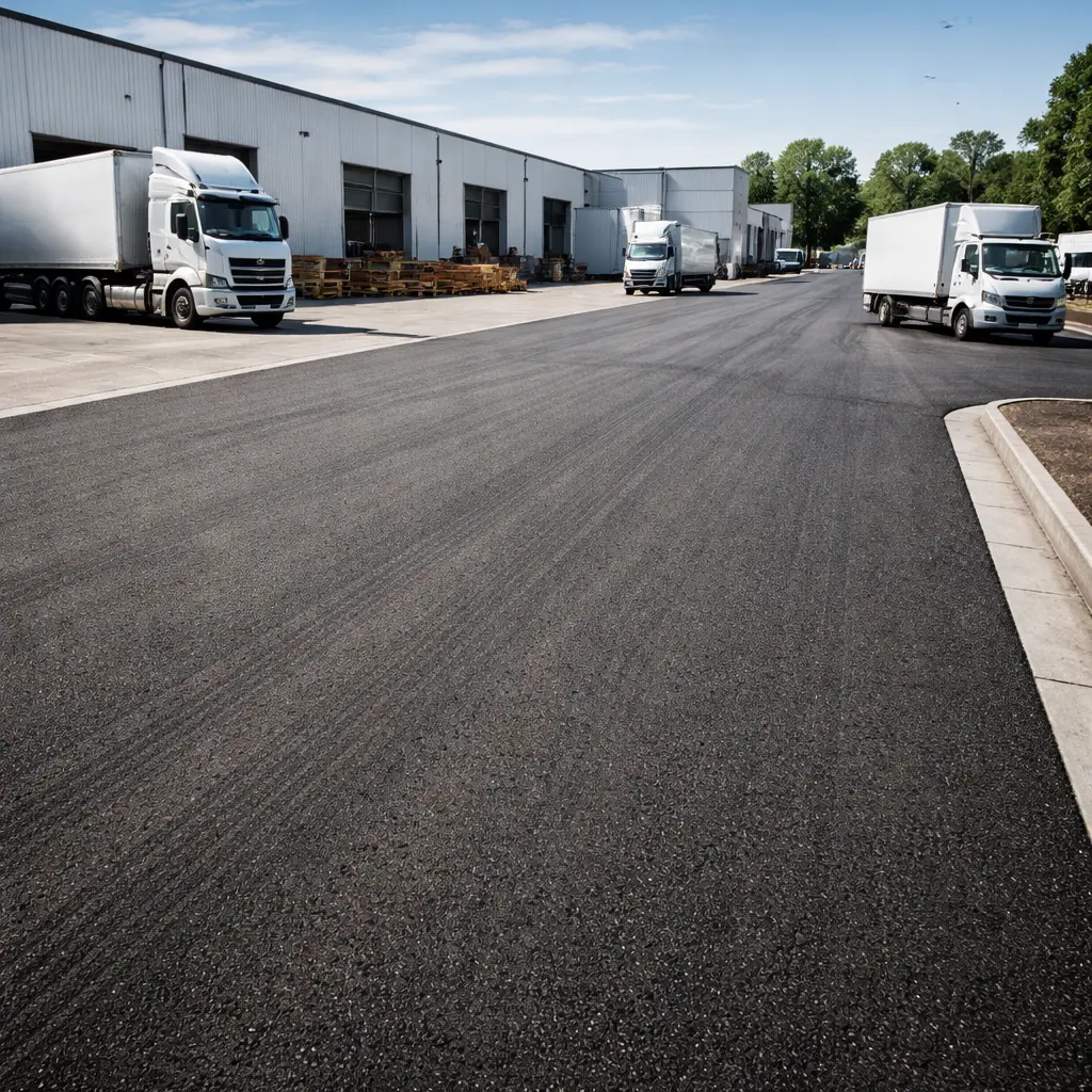 Freshly paved wide asphalt driveway at industrial site with trucks and warehouse buildings visible