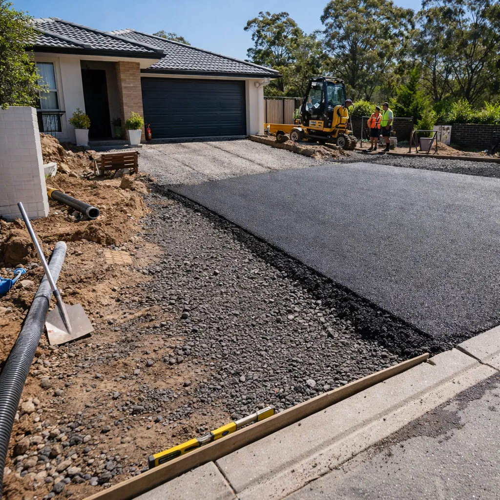 Driveway construction in progress showing gravel base layer and fresh asphalt