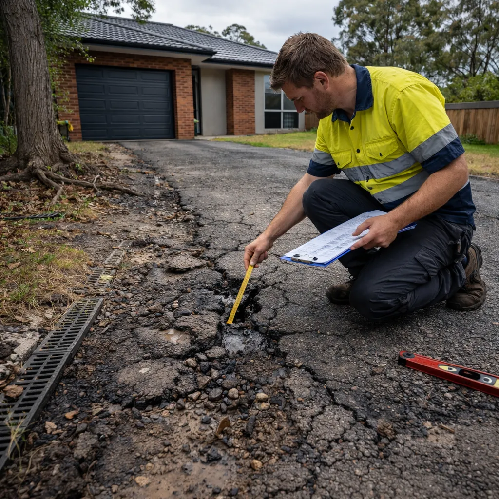 Inspector measuring cracks on a damaged asphalt driveway with a clipboard