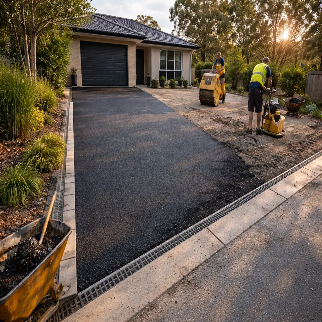 Two workers paving a new asphalt driveway with a roller compactor at sunset