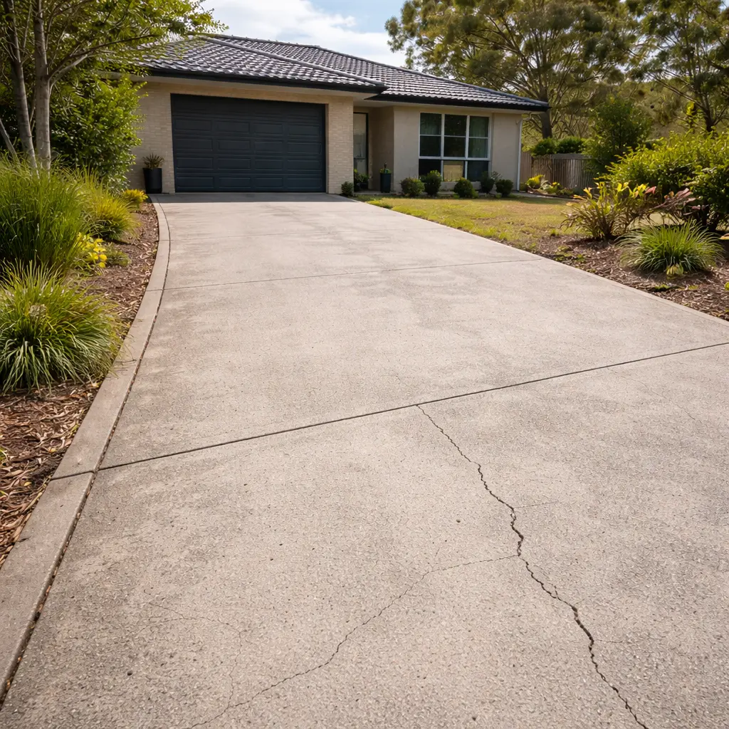 Aged concrete driveway with visible cracks leading to a suburban home garage
