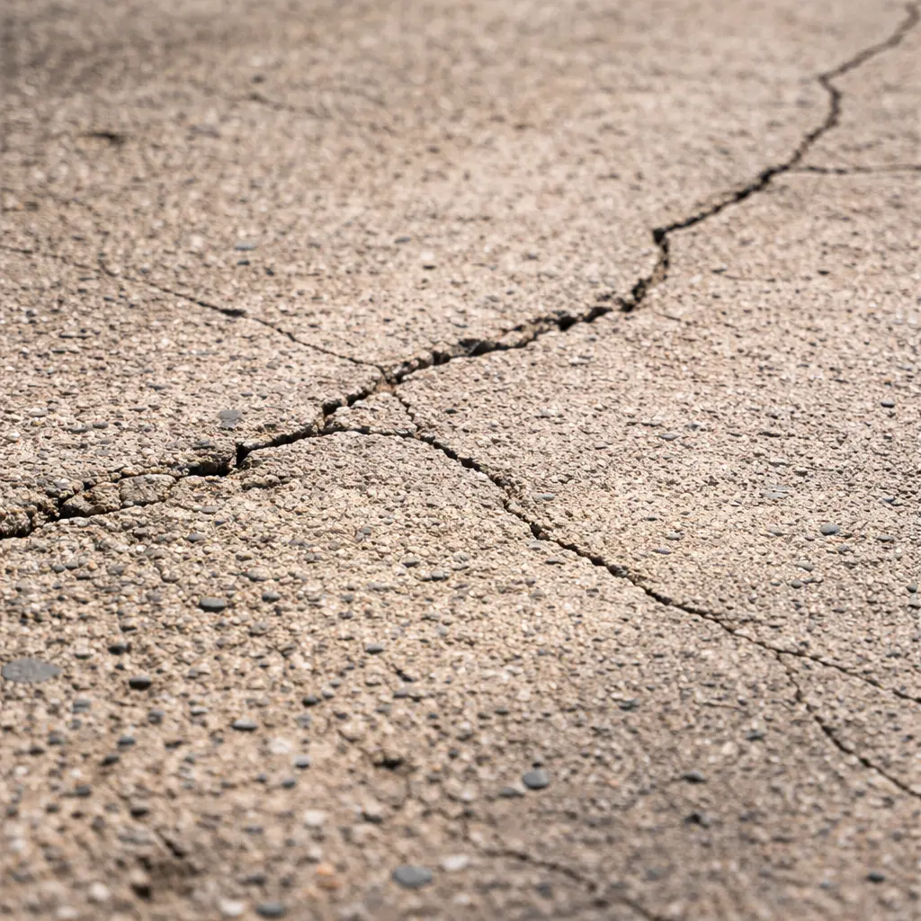 Close-up of deep intersecting cracks across a worn concrete driveway surface