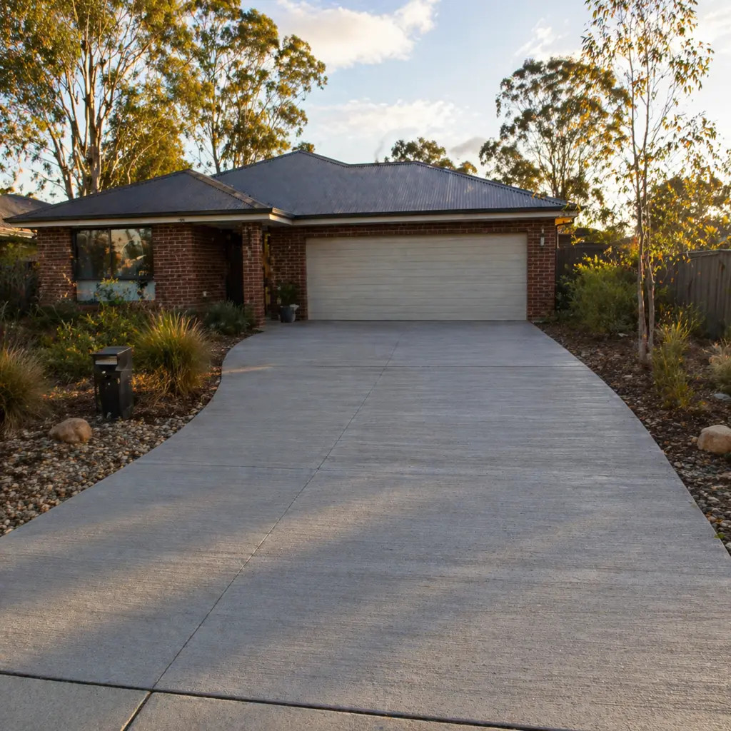 Smooth concrete driveway in good condition outside a brick home at golden hour