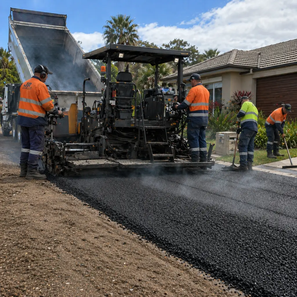 Crew using an asphalt paving machine to resurface a residential driveway