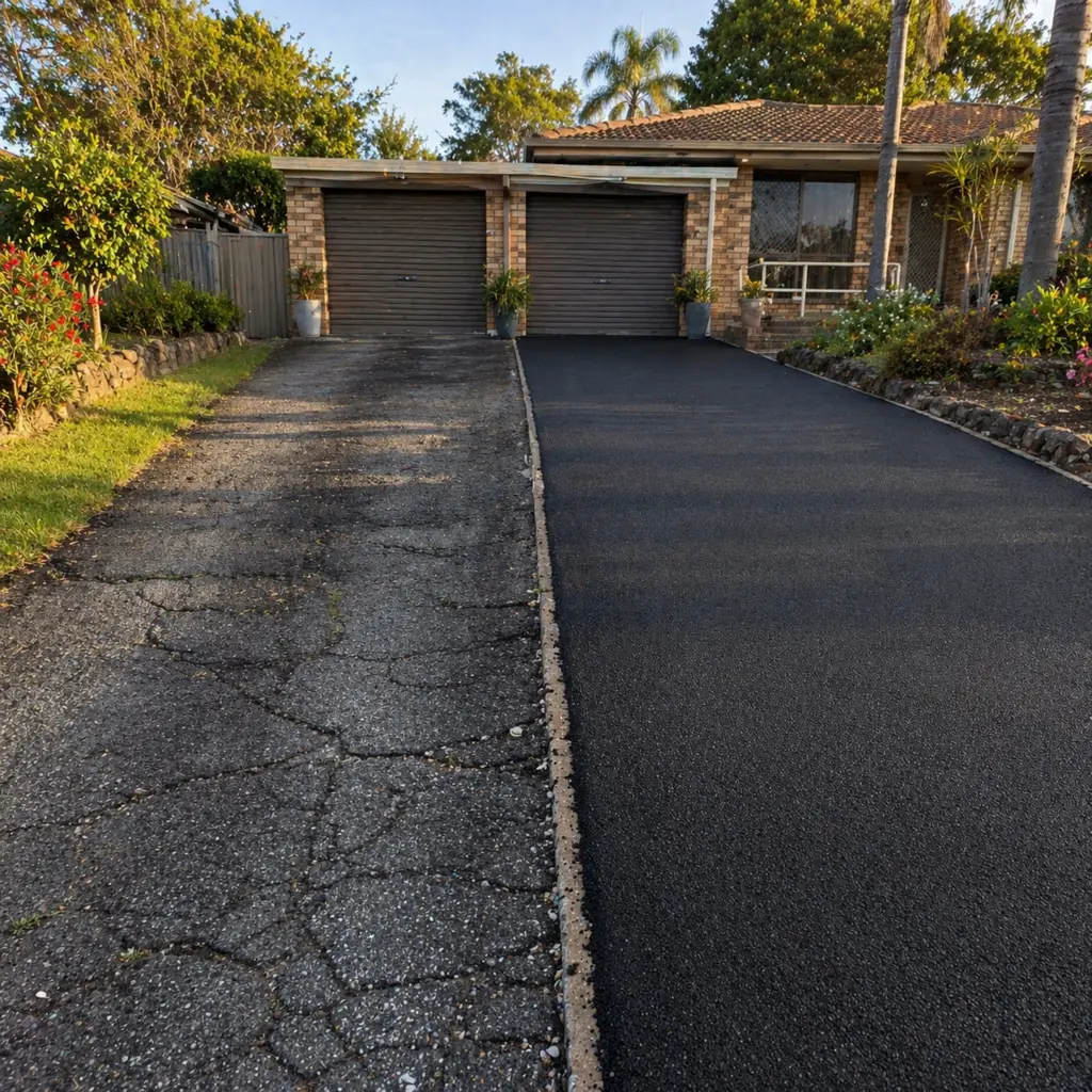 Split driveway showing cracked old asphalt on left and fresh resurfacing on right