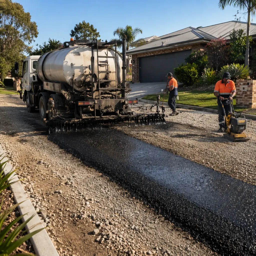 Workers applying bitumen spray and compacting a new asphalt driveway surface