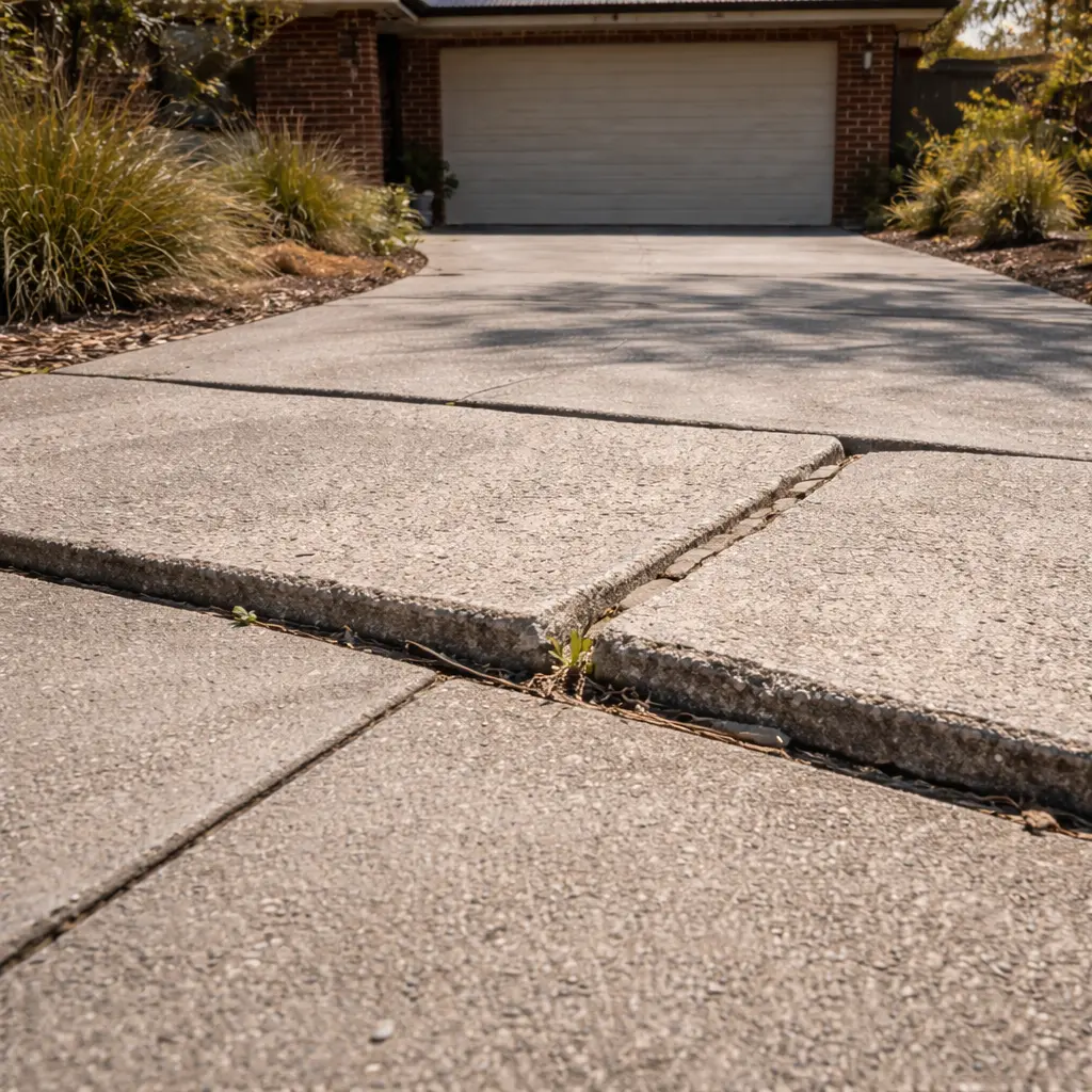 Uneven concrete driveway slabs with raised edges and weeds growing in the gaps