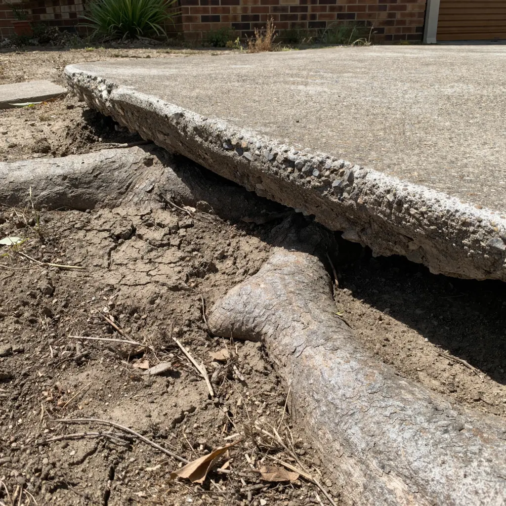 Tree root lifting and cracking a concrete driveway slab from underneath
