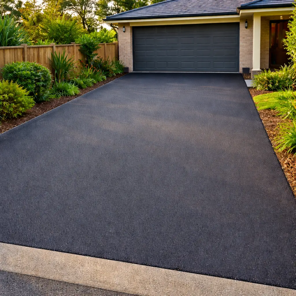 Smooth freshly laid asphalt driveway with lush garden landscaping on both sides