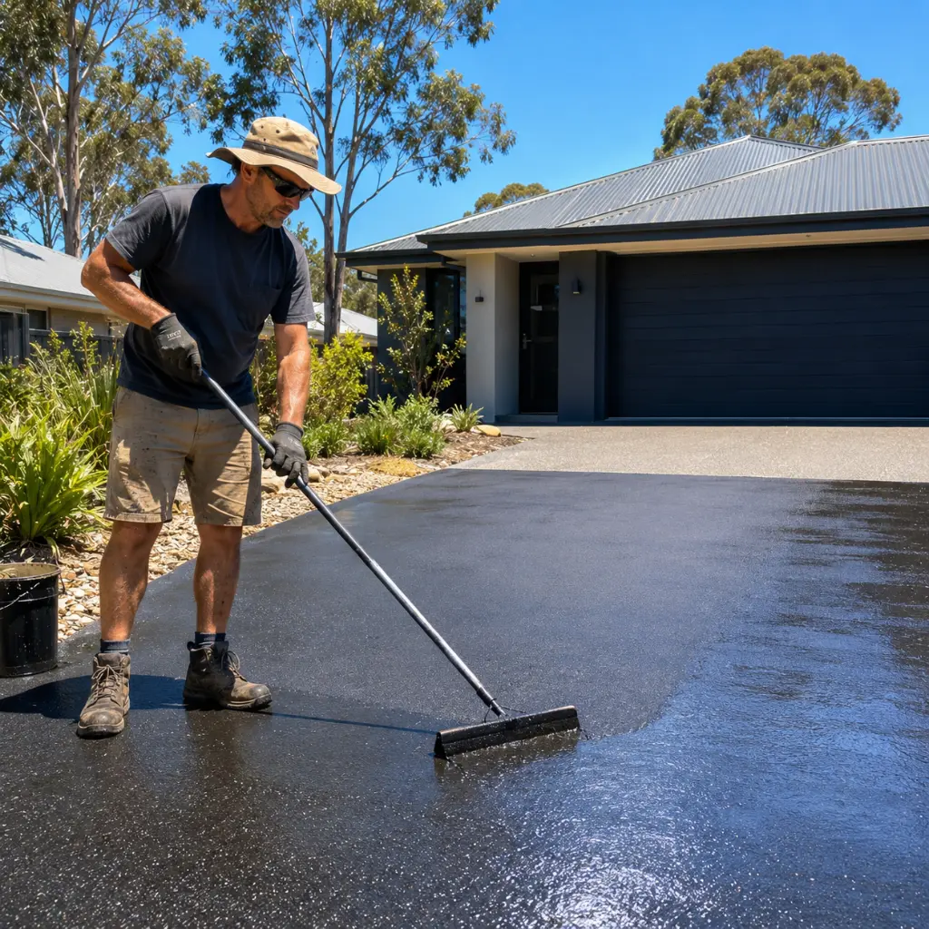 Man applying fresh sealant to a residential asphalt driveway using a roller on a bright sunny day.