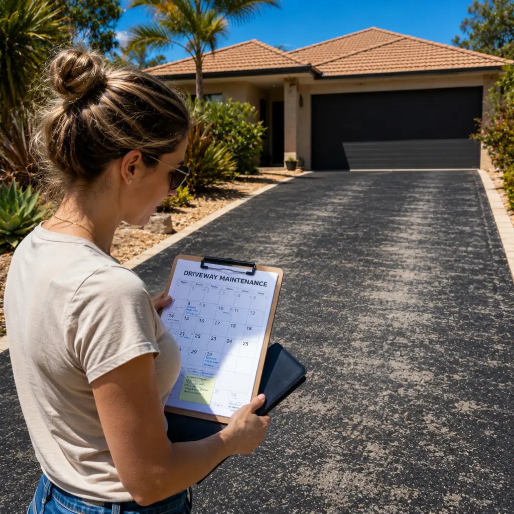 Homeowner reviewing a driveway maintenance schedule beside a faded asphalt driveway outside a suburban property.