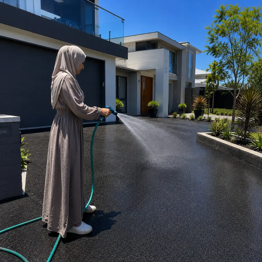 Woman spraying water across a newly sealed asphalt driveway outside a modern home during warm weather.