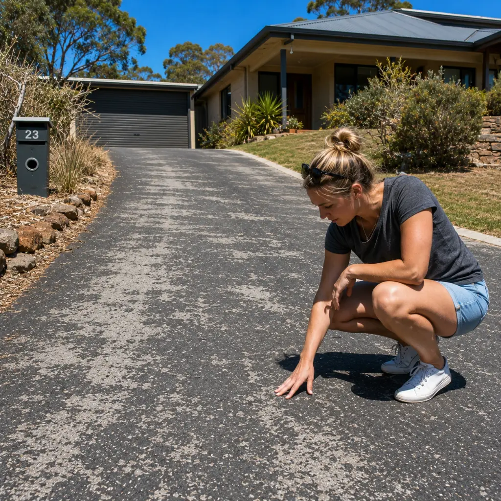 Woman inspecting worn asphalt driveway surface outside a modern home during sunny weather in a residential area.
