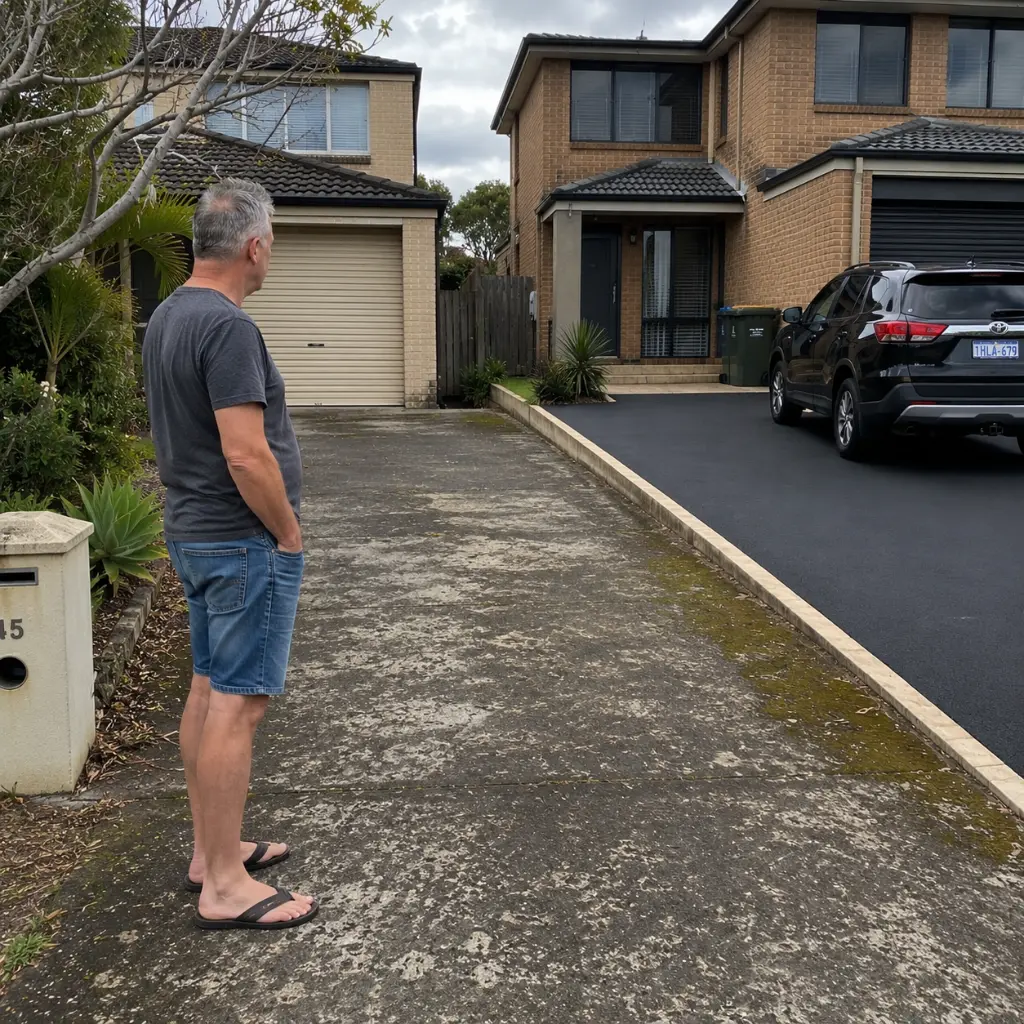 Homeowner standing beside a faded and stained driveway outside a suburban brick house with parked SUV.