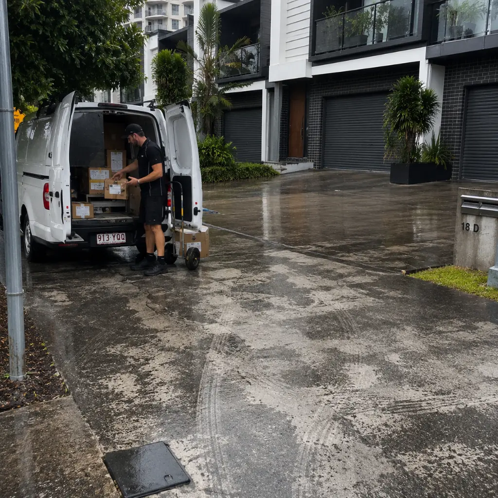 Delivery driver unloading parcels beside a weathered concrete driveway outside modern townhouses on a rainy day.