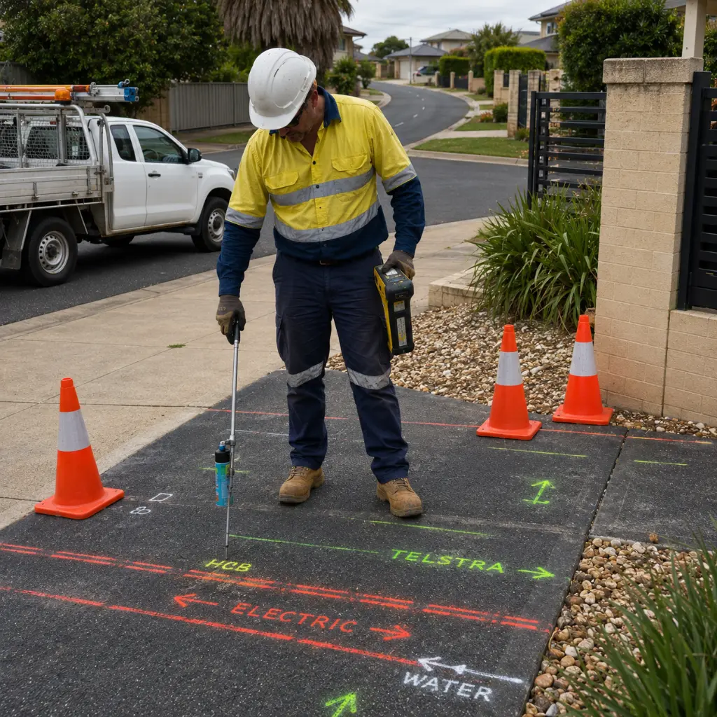 Utility worker marking underground service lines before starting residential driveway construction or excavation.