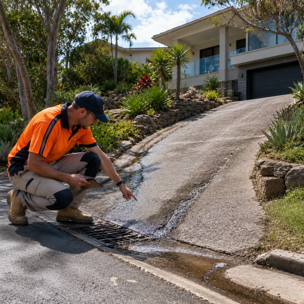 Worker inspecting driveway drainage slope and water runoff issues before resurfacing or reconstruction.